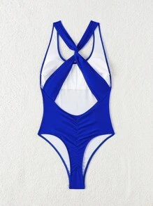 Swim SXY 女士沙滩装夏季套装，性感纯色无袖露背扭褶修身连体泳衣 - 寶藍色 - 查看 3