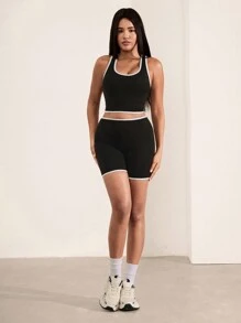 Hanevo 2pcs Women Colorblock Sports Outfit Sportwear For Daily Wear - Black - View 5