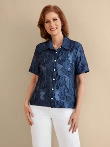 EMERY ROSE Women Casual Solid Color Cut-Out Short Sleeve Shirt - Blue - View 1