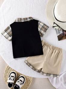 Infant Baby Boy/Girl Summer 2Pcs Outfit Set: Gentleman Style Striped Shirt Collar Mock Layer Tee & Plaid Splice Shorts, Casual Soft Fabric Suit For Holiday, Travel, School, Daily Party, Sports, Spring/Summer