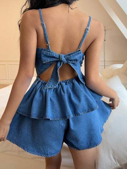 SHEIN ICON 女士牛仔背带裤和连体裤，休闲修身连体裤，蓝色