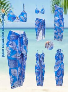 SHEIN Swim Curve Summer Plus Size 3Pcs Women's Adjustable Strap Bikini Set, Random Printed Cover Up, Ocean Shell Metal Accent, Casual Beach Holiday