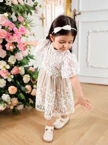 Baby Girl Floral Embroidered Mesh Puff Sleeve Cute Dress - Beige - View 6