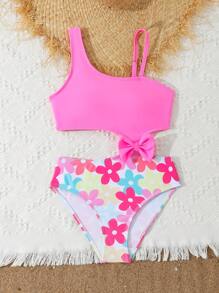 Tween Girl 纯色拼接蝴蝶结装饰可调节肩带连体泳衣，适合度假、海滩、游泳