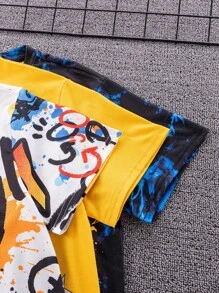 SHEIN Leap Crew 6 件青少年男孩休闲百搭舒适街头风格涂鸦字母游戏印花圆领宽松短袖 T 恤和短裤 2 件套，3 种设计 X 2 套，适合春季、夏季、秋季、冬季的学校、花园、海滩、生日 - 彩色 - 查看 7