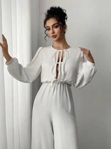 SHEIN Privé Women's Elegant Vacation Casual Fashion Front Tie High Waist Long Sleeve White Jumpsuit, Autumn