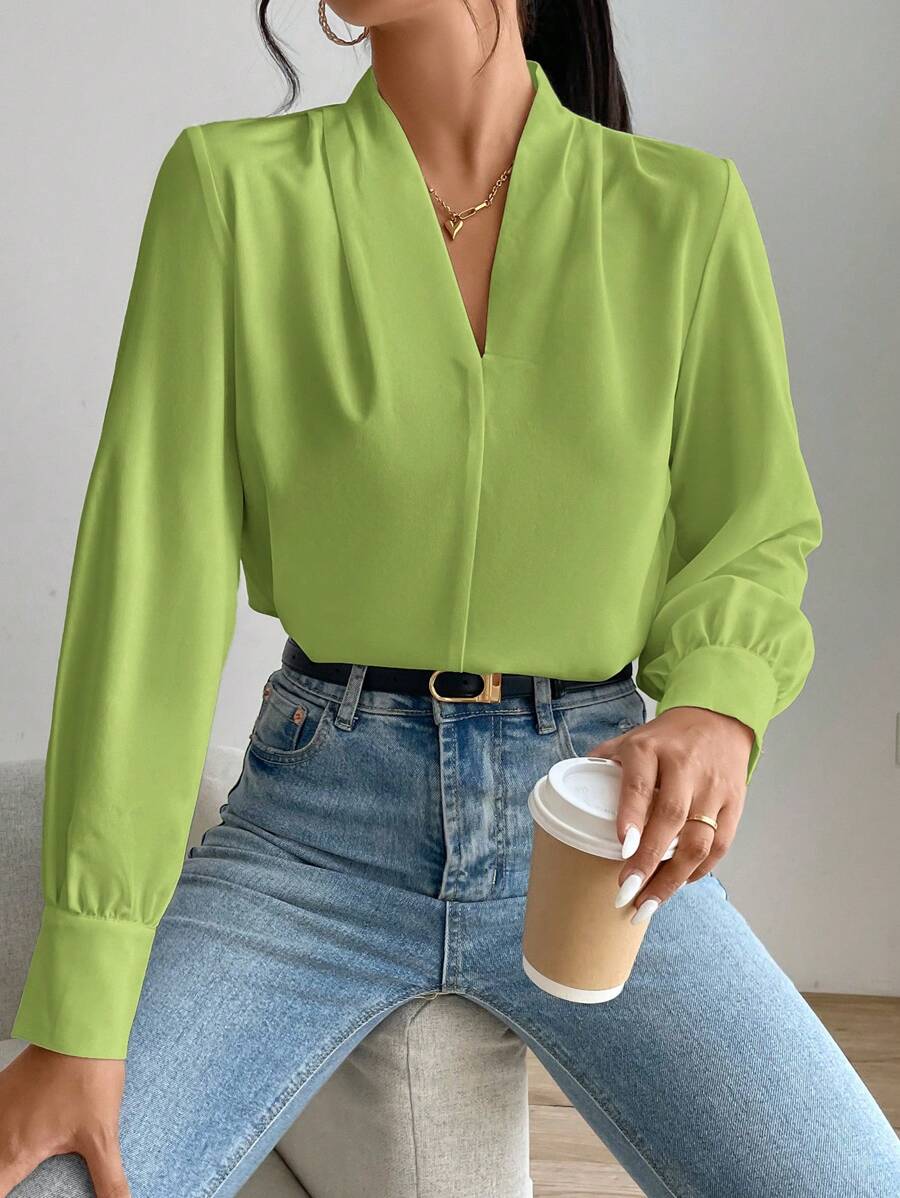 SHEIN Privé 女士纯色 V 领长袖休闲上衣，日常穿着 - 橄欖綠 - 查看 1