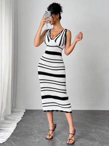Chiquease Women's Sleeveless Striped Elegant Fitted Hollow Out Sweater Dress Fall Cloth For Women - Black and White - View 6