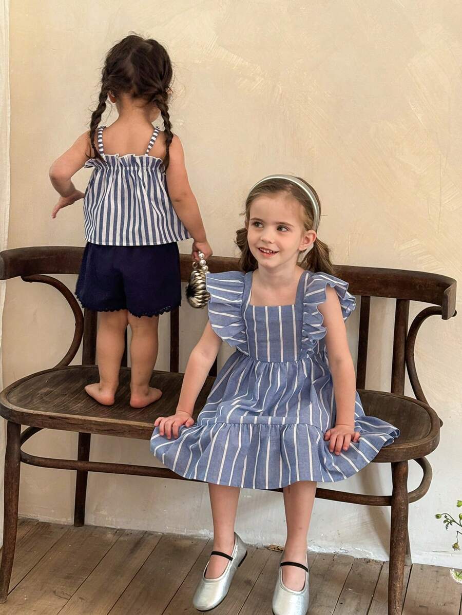 SHEIN LMoss Kids LMoss 2 件装女婴编织吊带背心和编织短裤套装