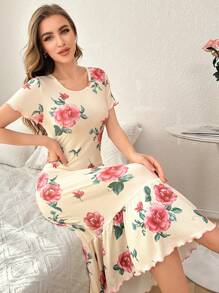 Ruffled Floral Print Short Sleeve Casual Nightgown Babydoll, Minimalist And Fashion For Daily Wear PerfectSummer - Multicolor - View 4