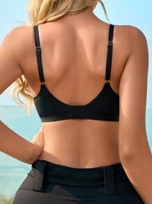 1pc Seamless Solid Color Metal Ring Wavy Hem Deep V Wire-Free Women Bra - Black - View 2