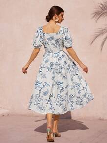Revavyn White And Blue Floral Summer Elegant Tea Party Holiday Retro French Sweetheart Neck Puff Sleeve Waist Gathered Flared Long All Over Print Boho Dress - Multicolor - View 2