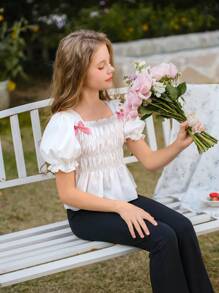 SHEIN Tween Girl' 优雅可爱蝴蝶结泡泡袖短款荷叶边下摆衬衫，适合外出、上学、春夏装、公主风格、婚礼季节 - 白色 - 查看 3