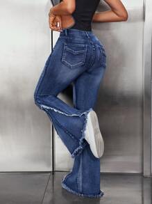 SHEIN ICON 女式休闲破洞修身喇叭牛仔裤 - 藍色 - 查看 2