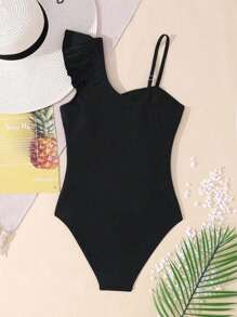 SHEIN Tween Girls Fitted Asymmetric Ruffle Trim One Shoulder One-Piece Swimsuit - Black - View 2