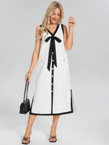 SHEIN LUNE Damen elegantes Farbblock Kleid mit Schlitz am Saum, ärmelos, für Frühling/Sommer