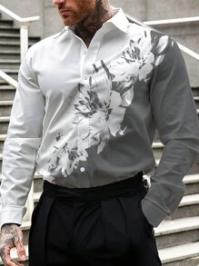 Manfinity LEGND Men's Floral Print Long Sleeve Single-Breasted Fashion Shirt