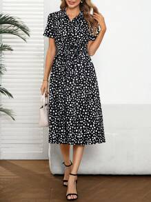 EMERY ROSE Women's Casual Commuter All-Over Print Short Sleeve Mid-Length Dress - Black - View 6