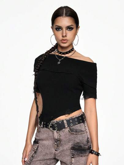 Grunge Punk Women's Plain Color Asymmetrical Shoulder Short Sleeve Fringe Trim Casual Sweater, Summer/ Summerouis /Summer Cothes