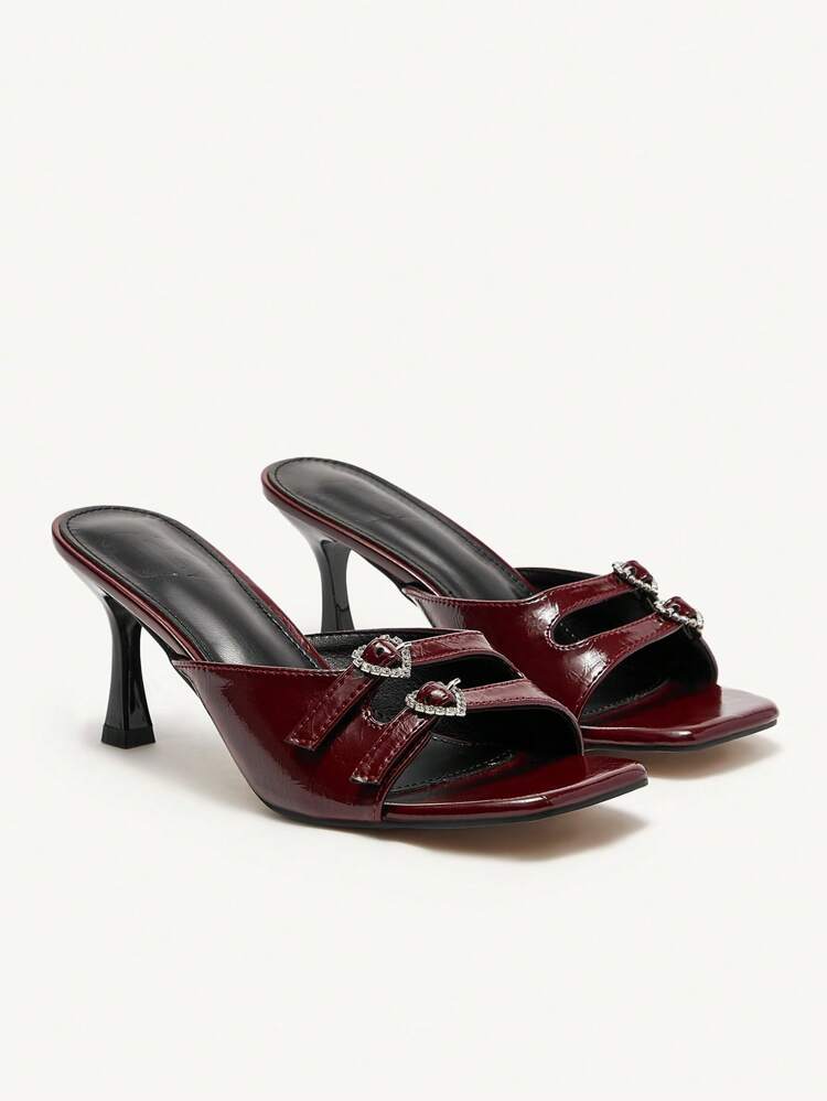 CUCCOO CHICEST Fashionable Women Shoes Square Toe Stiletto High Heel Patent Leather Heart-Shaped Rhinestone Buckle Decor Peep Toe Sandals