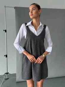 SHEIN Essnce Casual Corduroy Suspender Dress, Sleeveless, Suitable For Autumn