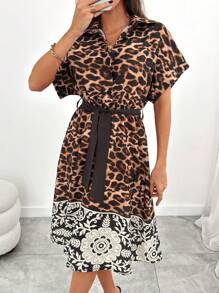 SHEIN Elegant Style, Leopard With Placement Printed, Self Belted Midi Shirt Dress
