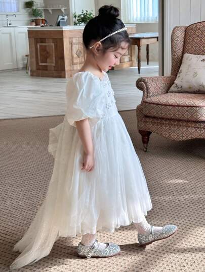 DAZY Young Girl Elegant Solid Color Mesh Patchwork Tail Dress,Girls Summer Outfits