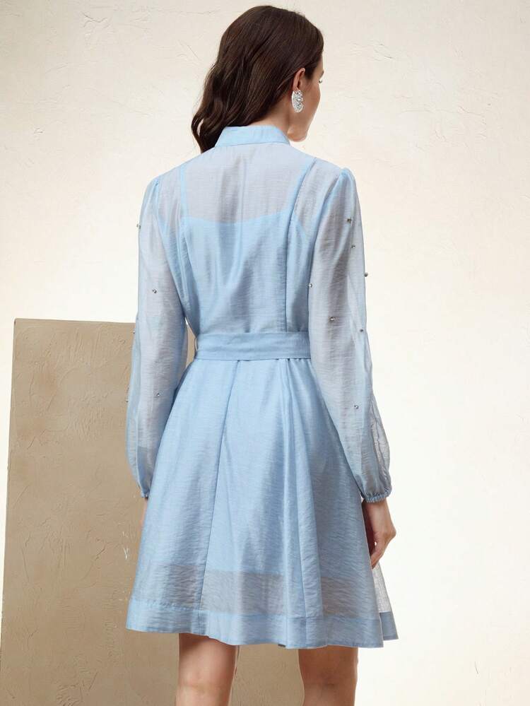 Women's Short Rhinestone Embellished Dress With Belt, Lapel Design, Blue, Elegant And Versatile, Spring