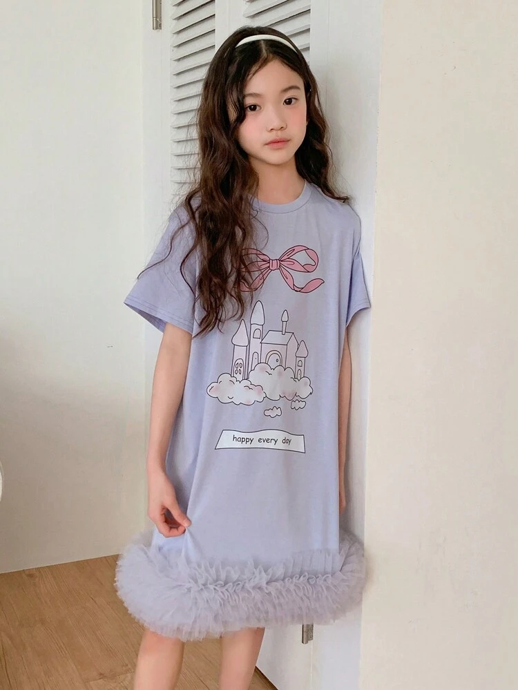 Tween Girls Slogan Print Round Neck Short Sleeve Knitted Dress, Summer