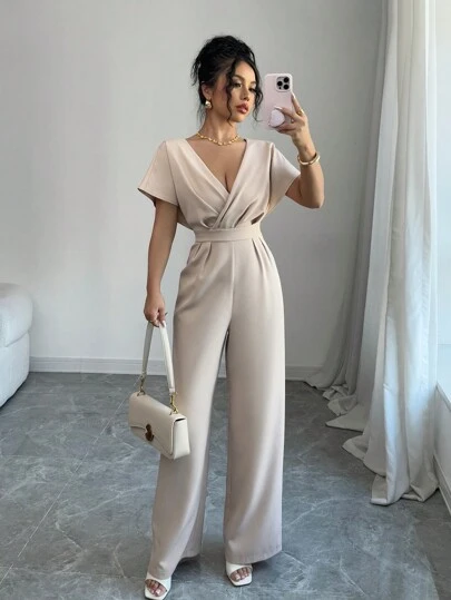 Rafferiza Damen einfarbiger Kurzarm Lässig Jumpsuit mit geraffeter Taille