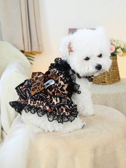 PETSIN 1 件豹纹蕾丝拼布蝴蝶结装饰宠物狗猫背带裙，可爱甜美