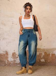 SHEIN ICON Plus Size Simple And Fashionable Casual Everyday Wear Cargo Denim Jeans - Dusty Blue - View 5