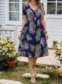 SHEIN LUNE Women Plant Print V-Neck Short Sleeve Mid-Calf Casual Dress - Multicolor - View 6