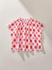 THE HAPPY LOOK Young Girls Floral Print Elastic Ruffle Off Shoulder Loose White Blouse, Vacation Style, Spring - Pink - View 4