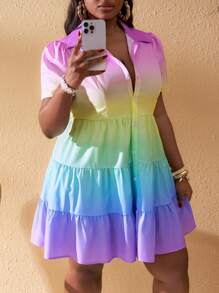 Slaydiva Plus Size Women Ombre Short Sleeve Single-Breasted Ruffle Hem Dress - Multicolor - View 10