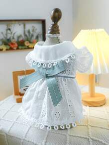 PETSIN 1pc Pet Dog Cat General Spring/Summer Embroidered Pastoral Bow Decor Cute Dress - White - View 6