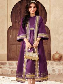 SHEIN 少女紫色和深紫色缎面金色宫廷图案印花网眼长袖超长开衫连衣裙，优雅优雅宫廷公主裙，2 件套，适合开斋节、建国纪念日 - 紫色 - 查看 1