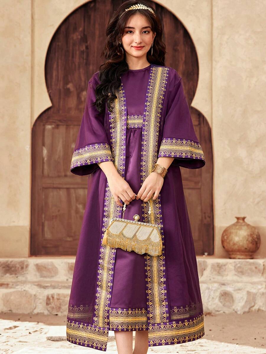 SHEIN 少女紫色和深紫色缎面金色宫廷图案印花网眼长袖超长开衫连衣裙，优雅优雅宫廷公主裙，2 件套，适合开斋节、建国纪念日 - 紫色 - 查看 1