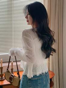 DAZY 女士花卉印花半透明宽松开衫 秋冬 - 白色 - 查看 2