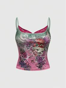 ROMWE J-Fashion Plus Size Y2K Harajuku Gyaru Bicolor Wing & Rose Print Patchwork 2 In 1 Camisole - Multicolor - View 1