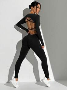 Easithlete 女士纯色交叉后背长袖上衣和裤子，简约休闲，适合日常穿着，健身女士套装 - 黑色 - 查看 6