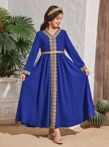 SHEIN Leap Crew Tween Girls Casual Woven Gold Ribbon Inspired V-Neck Long Sleeve Dress, Suitable For Ramadan - Royal Blue - View 1