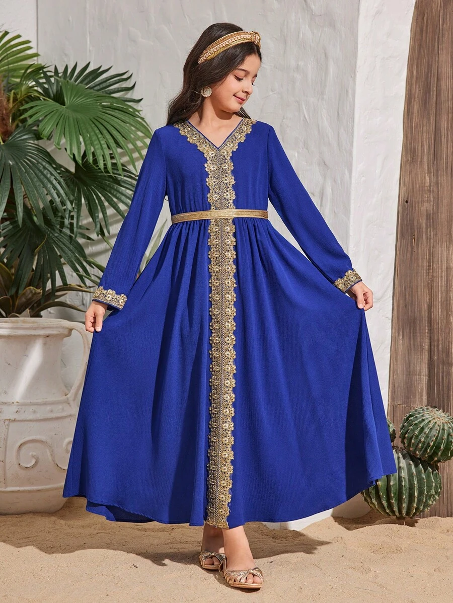 SHEIN Leap Crew Tween Girls Casual Woven Gold Ribbon Inspired V-Neck Long Sleeve Dress, Suitable For Ramadan - Royal Blue - View 1
