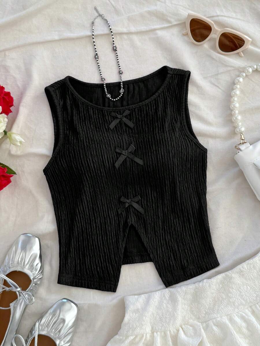 Soleia Women's Round Neck Casual Solid Color Bowknot Split Back Tank Top - Black - View 1