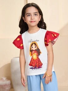 Young Girls Polka Dot Print Cap Sleeves Ramadan T-Shirt - Multicolor - View 3