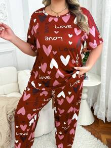 大码女士心形和字母印花短袖上衣和裤子睡衣套装，适合情人节 - 紅色 - 查看 6