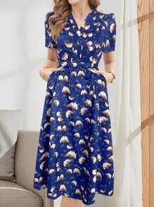 EMERY ROSE Elegant Casual V-Neck Tied Short Sleeve Mid-Length Dress For Women