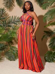 SHEIN SXY Plus Size Spring/Summer Elegant Vacation Casual Striped Halter Dress,Beach Dress Sundress,Holiday Outfits Boho - Multicolor - View 4
