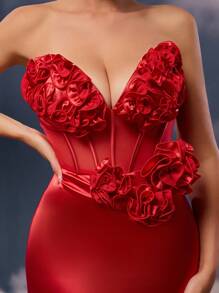 SHEIN Belle Elegante, romántico y sexy vestido de tubo con decoración de flores tridimensionales en tela elástica roja para cintura ceñida, ideal para primavera y verano en festivales, conciertos, carnaval, fiestas, citas, cócteles y bodas