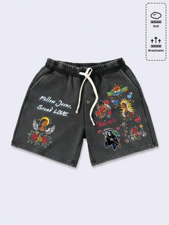 Street Life Herren Vintage lässige Shorts mit ausgewaschenem Slogan-Aufdruck